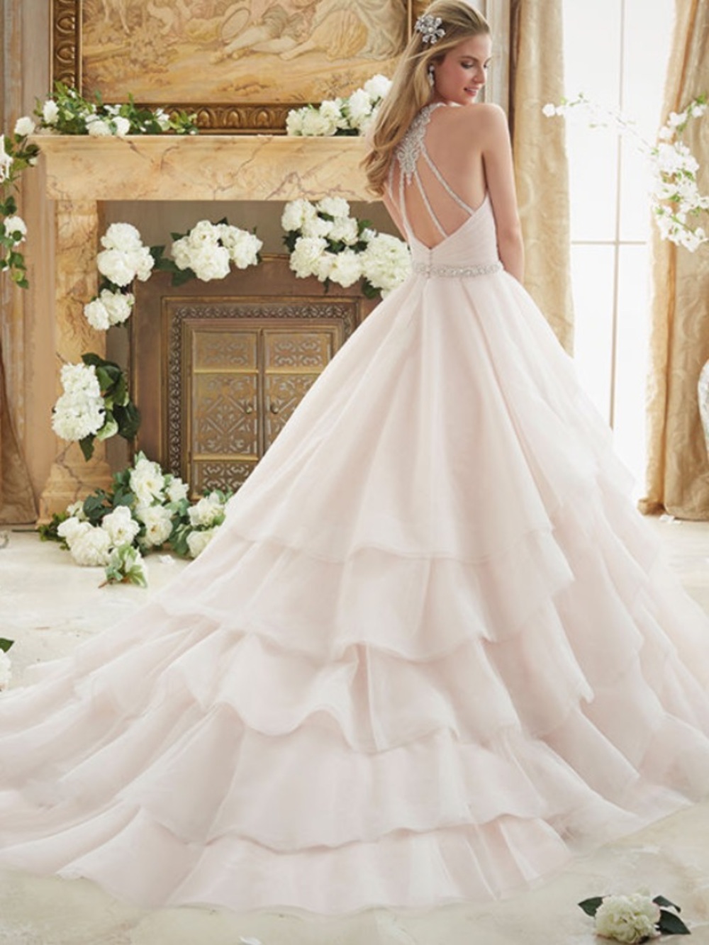 MORI LEE Weadding Dress 2873 Off-White USA 8 Crystal Beaded Tulle Ball Veil